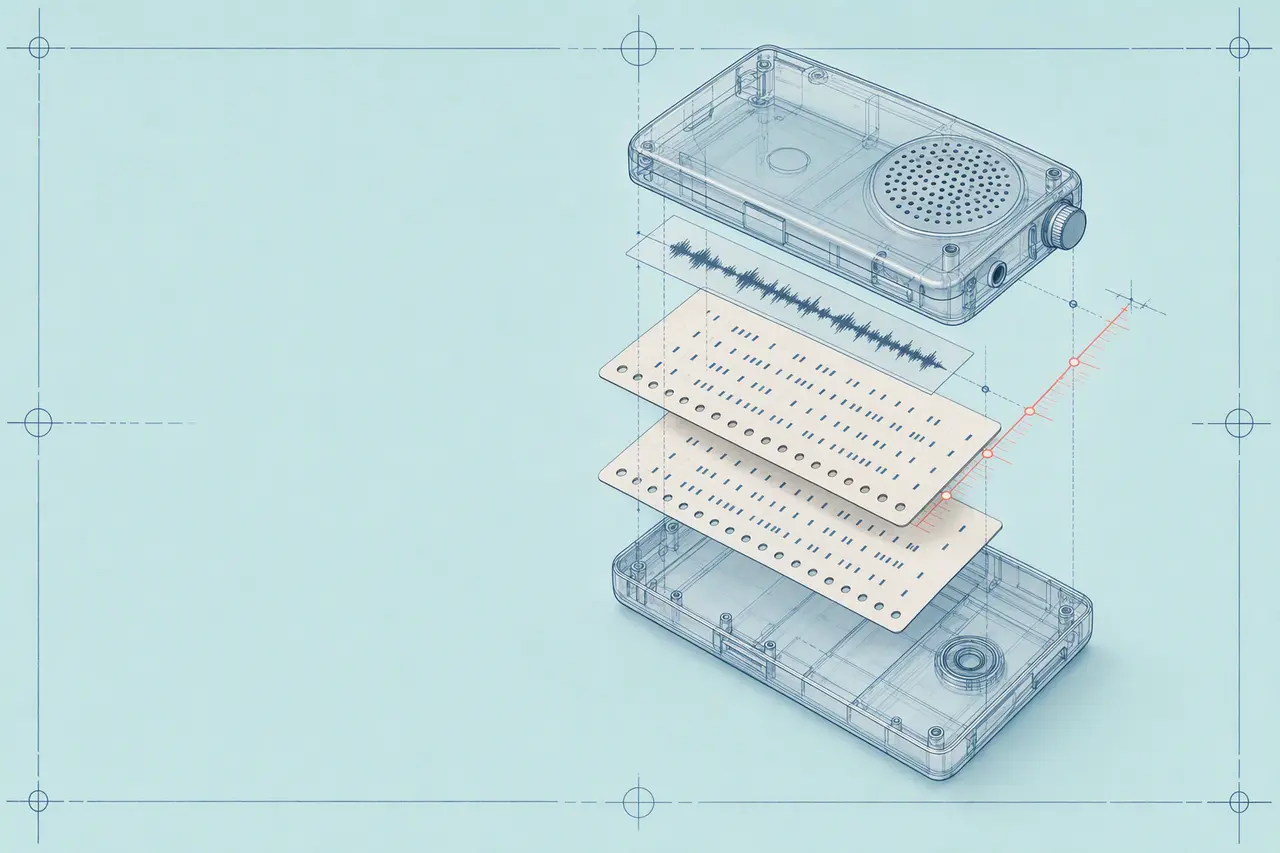 Exploded technical drawing of an audio player, waveform, and caption sheets aligned on a coral time ruler